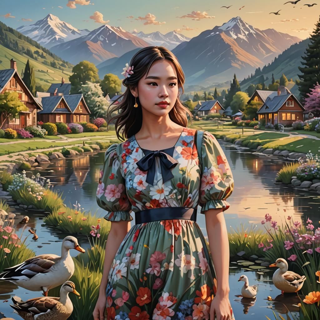 Cute Girls in Floral Dresses by Riverbank