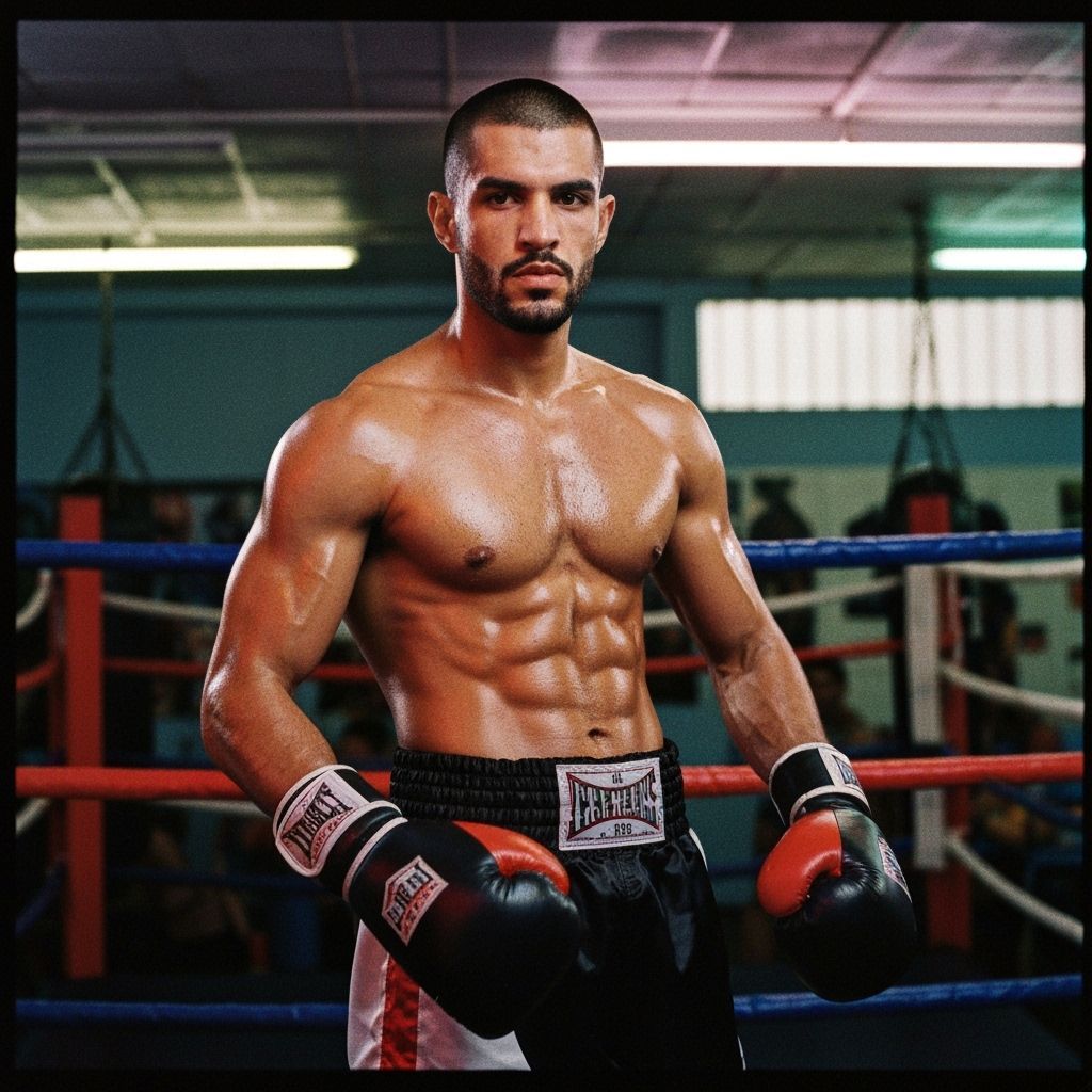 Cuban Boxer Poses in Neon Boxing Gym, Film Photography
