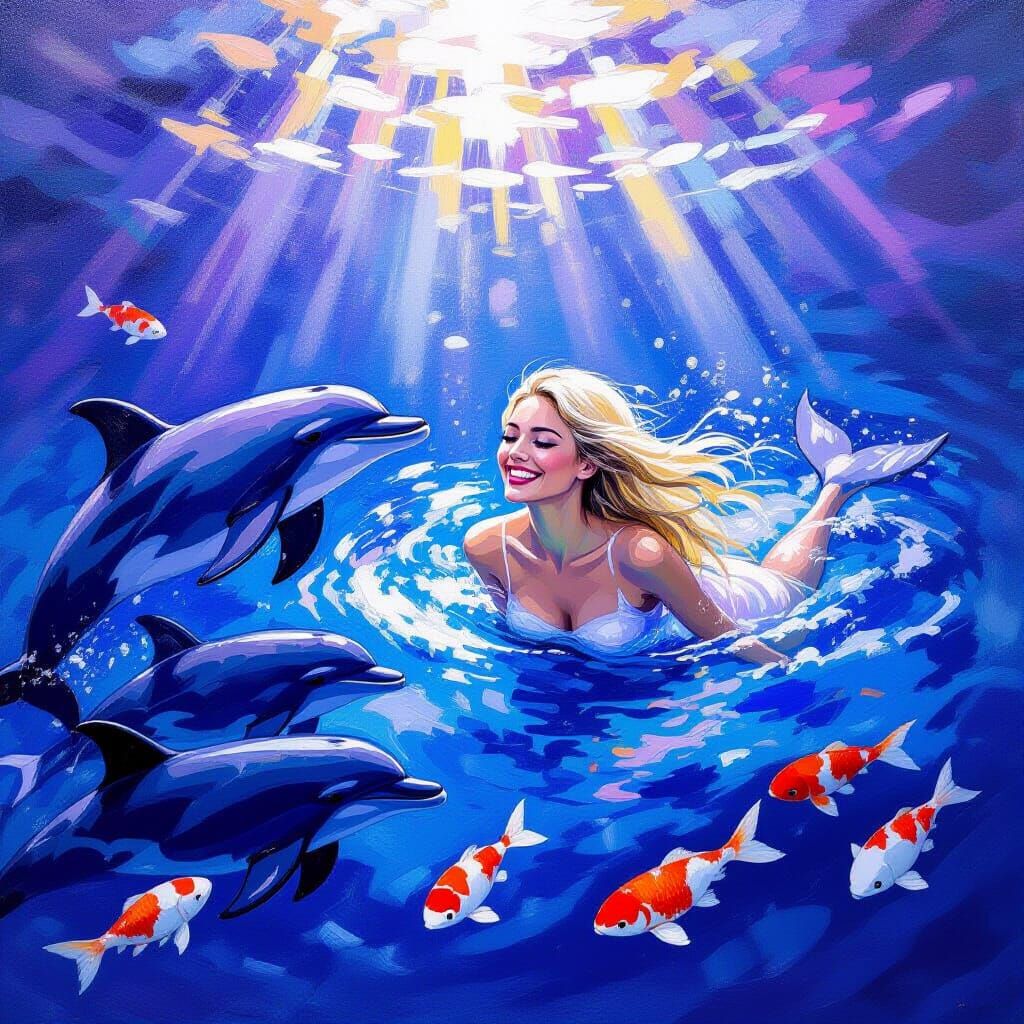 Woman Swims with Dolphins in Purple Ocean, Impressionist Sty...