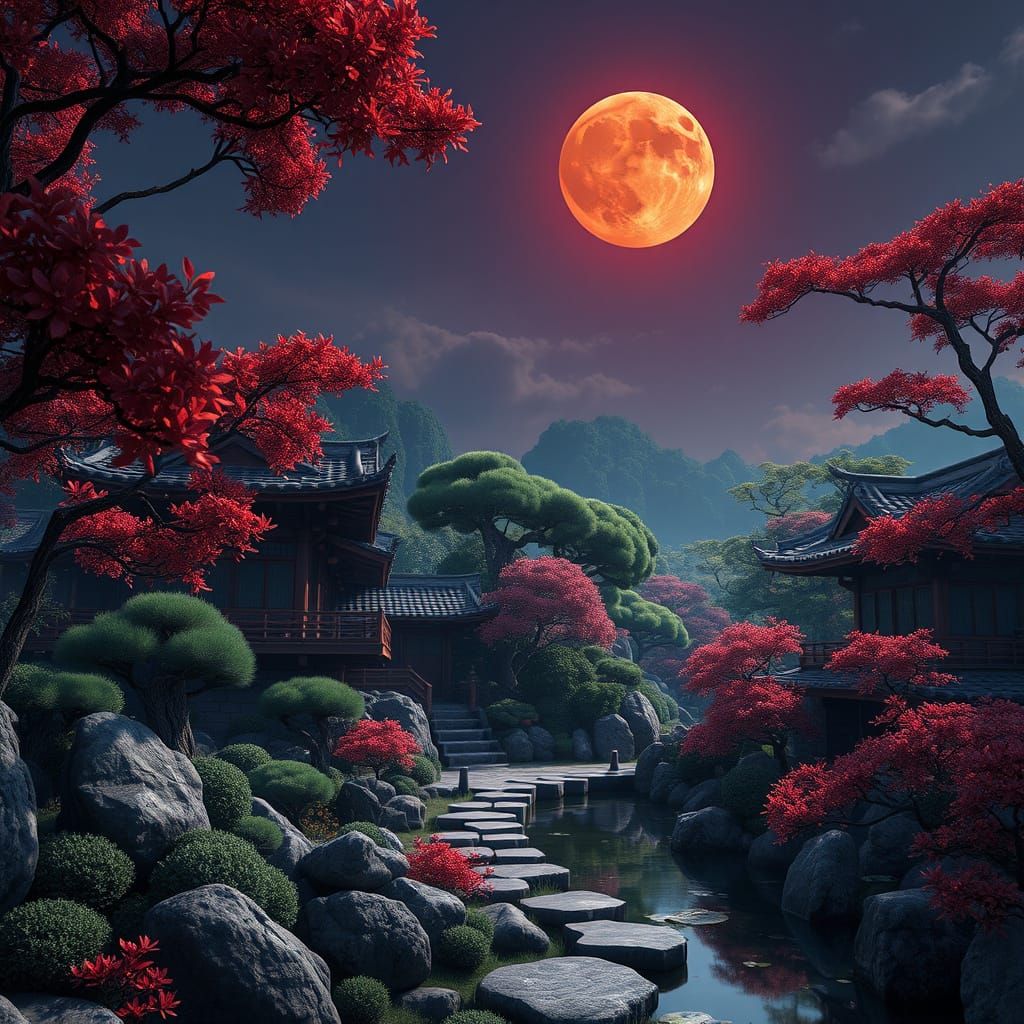 Japanese Garden Under a Crimson Moonlit Sky