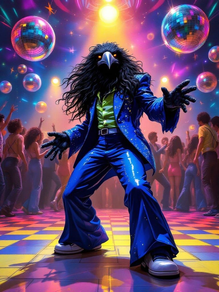 Glossy Raven Disco Star in Electric 1970s Nightclub