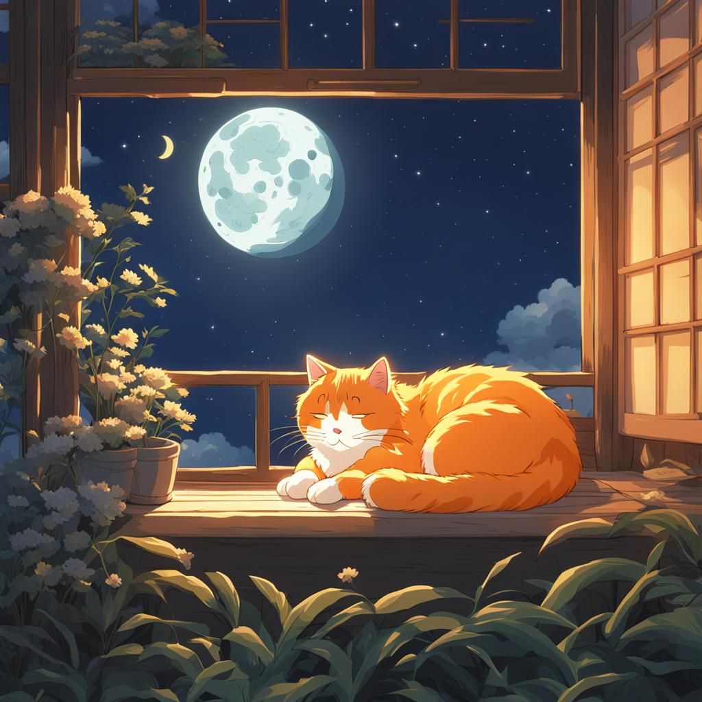 Orange Cat Sleeps on Moon in Ghibli Style