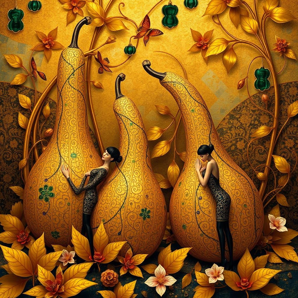 Golden Gourd Structures in Klimt-Inspired Garden