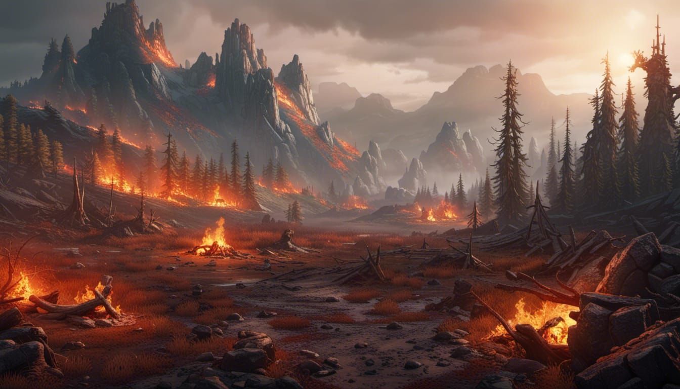 Infernal Post-Apocalyptic Mountain Landscape in Hyperrealism