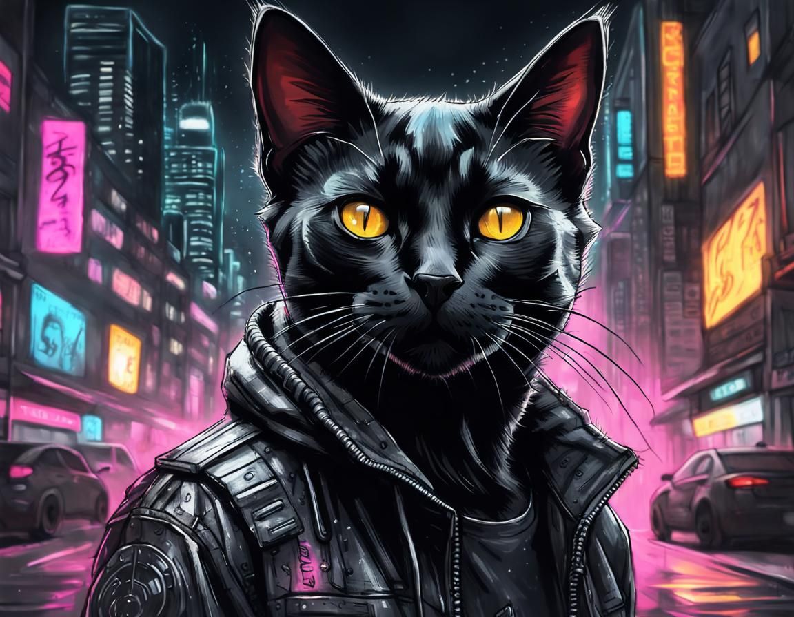 Cyberpunk Cat Charcoal Sketch on City Street