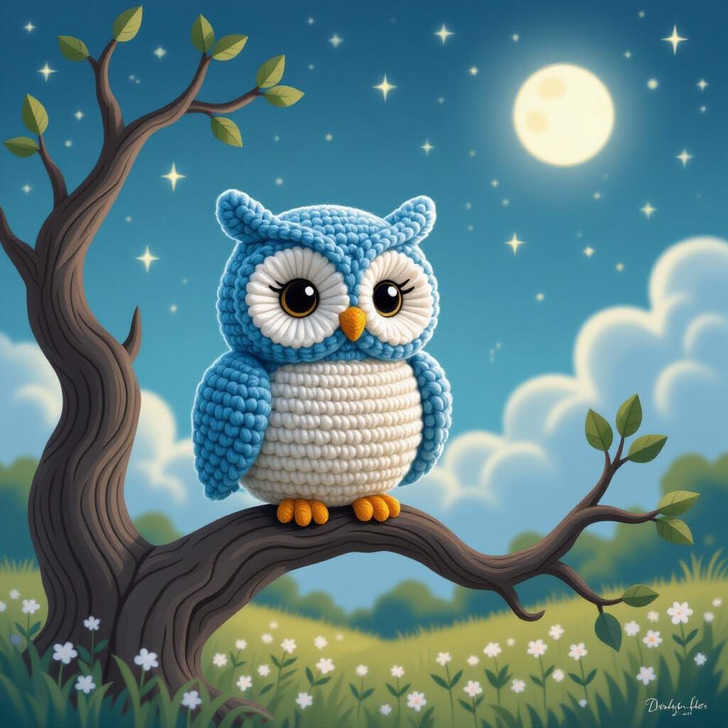 Crochet Owl on Branch Under Dreamy Night Sky