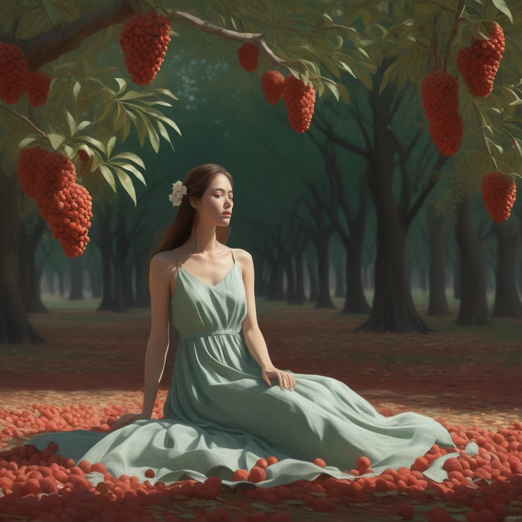 Girl in Litchi Orchard: Digital Art Illustration