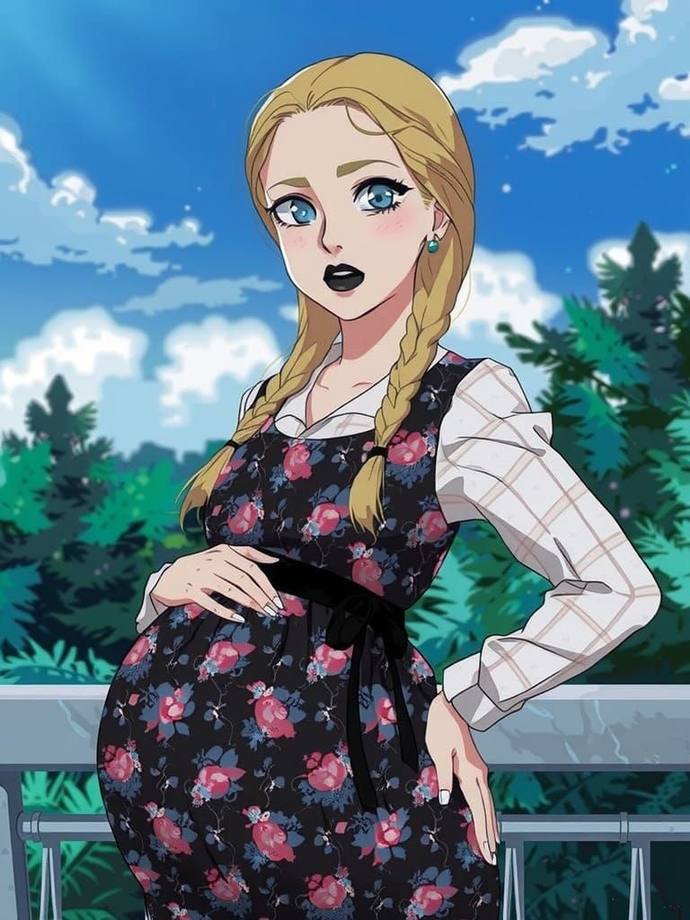 Pregnant Woman in Dark Floral Maternity Gown with Braided Ha...