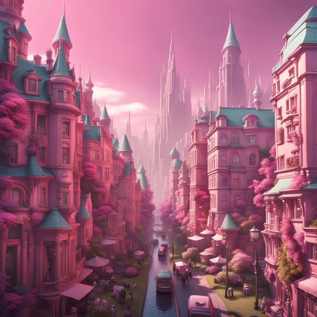 Pink Pastel City Bursting from Storybook