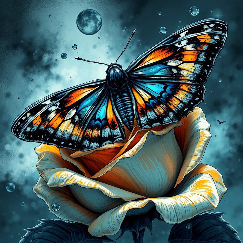 Gothic Moth Sits on a Rose in a Vibrant Black and White Art ...