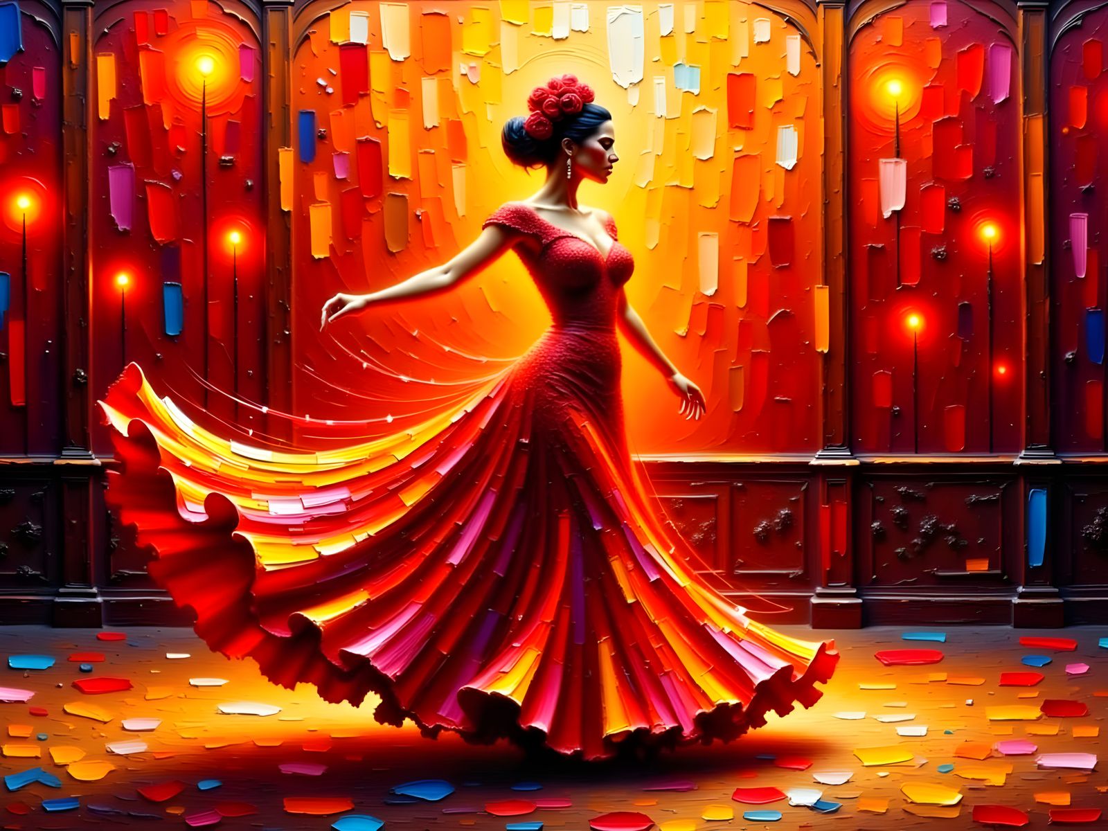 Flamenco Dancer in Vibrant Impasto Oil Painting