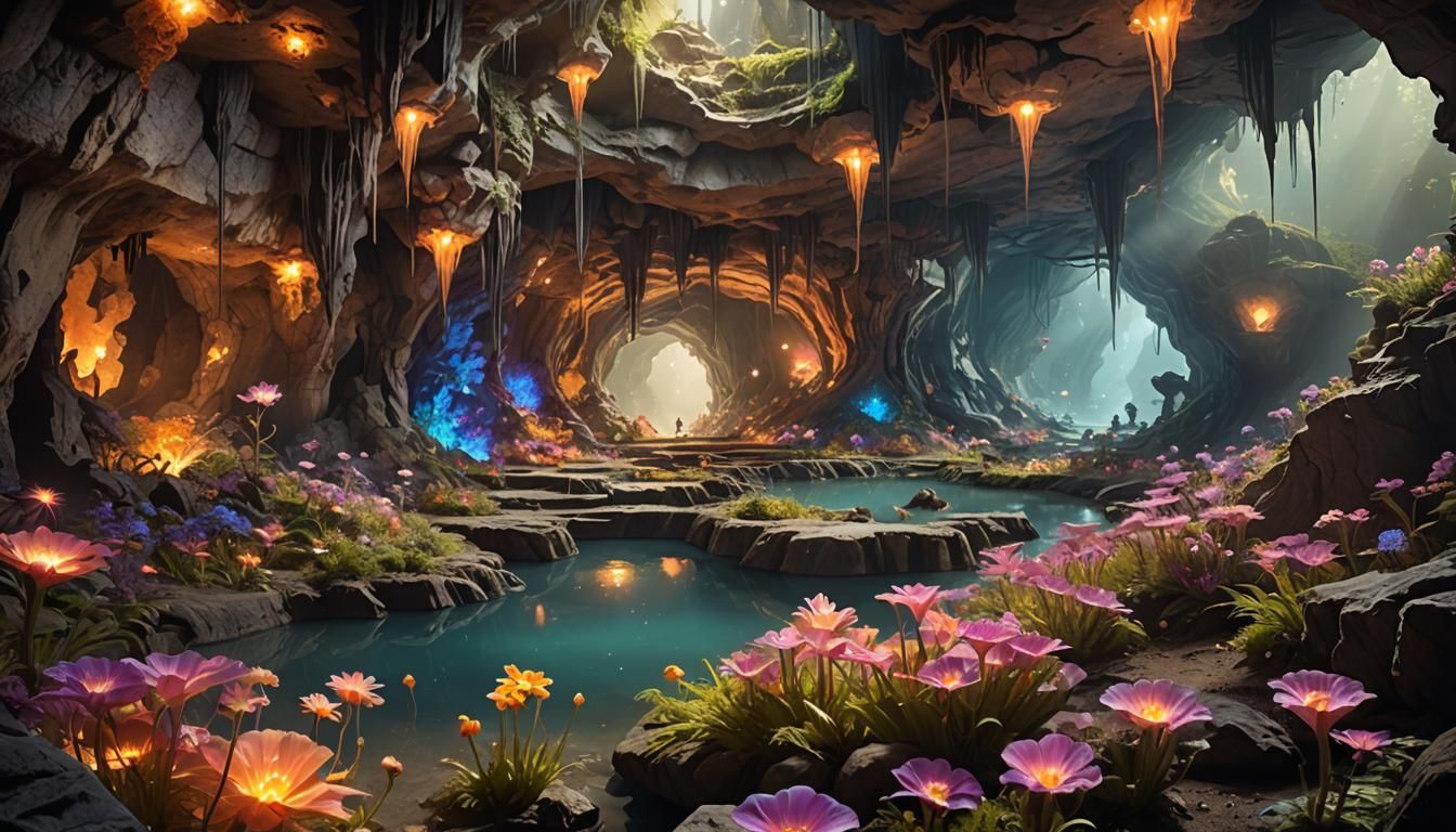 Mystical Caverns with Alien Flowers in Alternate Dimensions