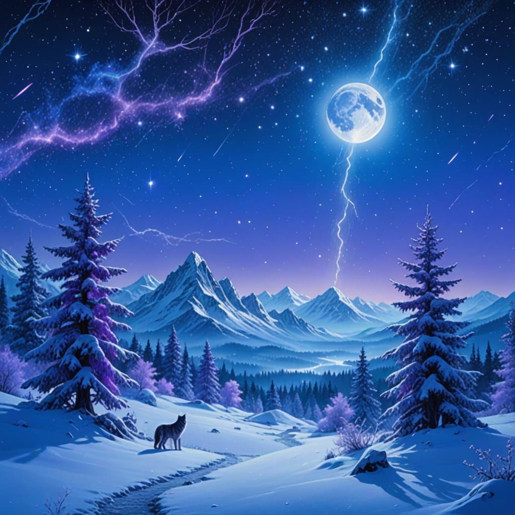 Ethereal Winter Night Sky with Howling Wolf