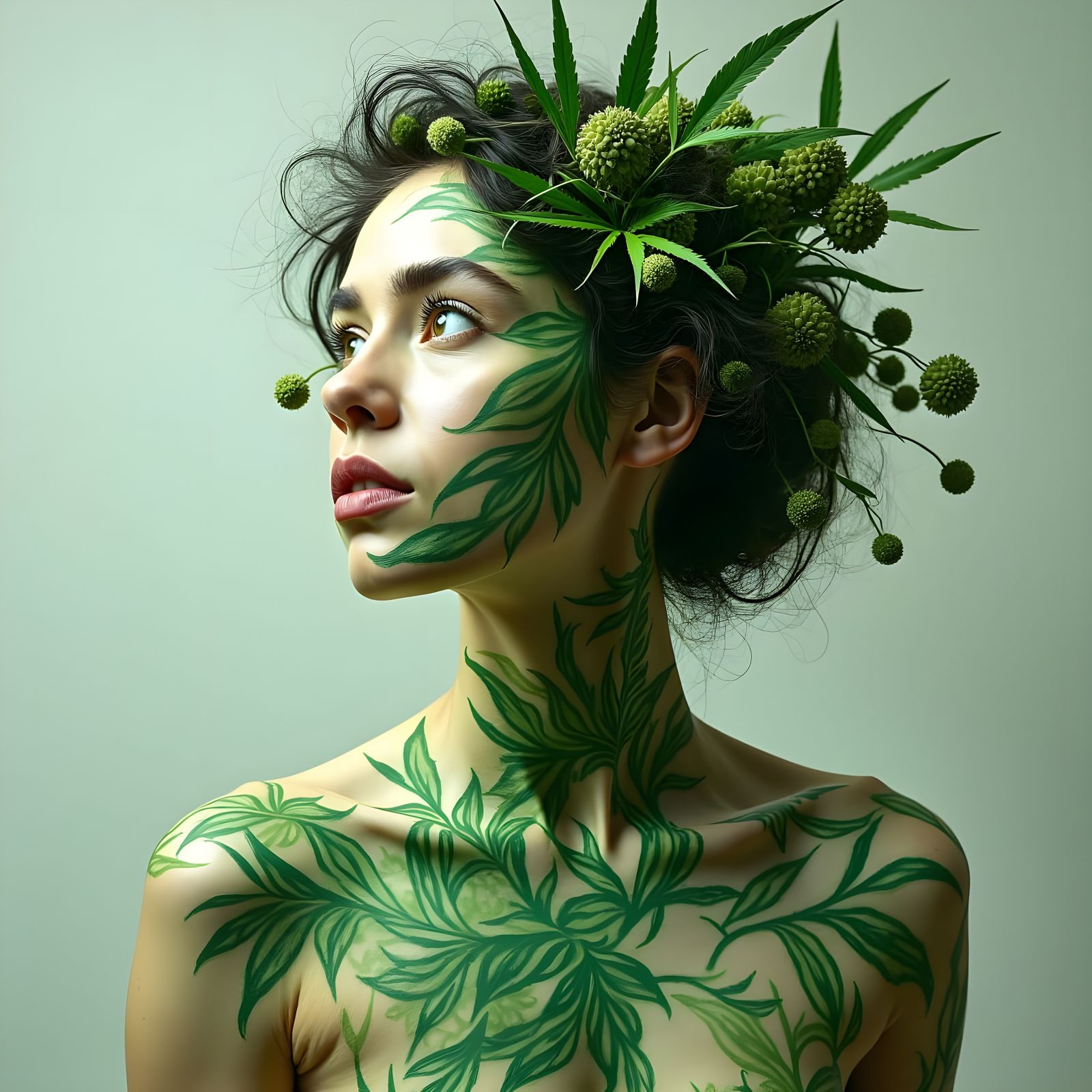 Woman in Green Body Paint with Botanical Art
