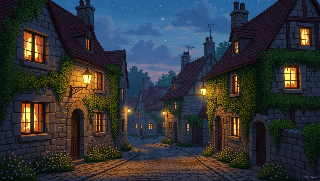 Twilight Village Street in Fantasy Realism
