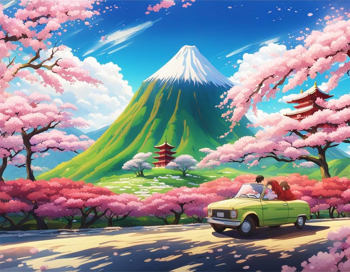 Anime Car Speeds Past Mount Fuji in Bloom