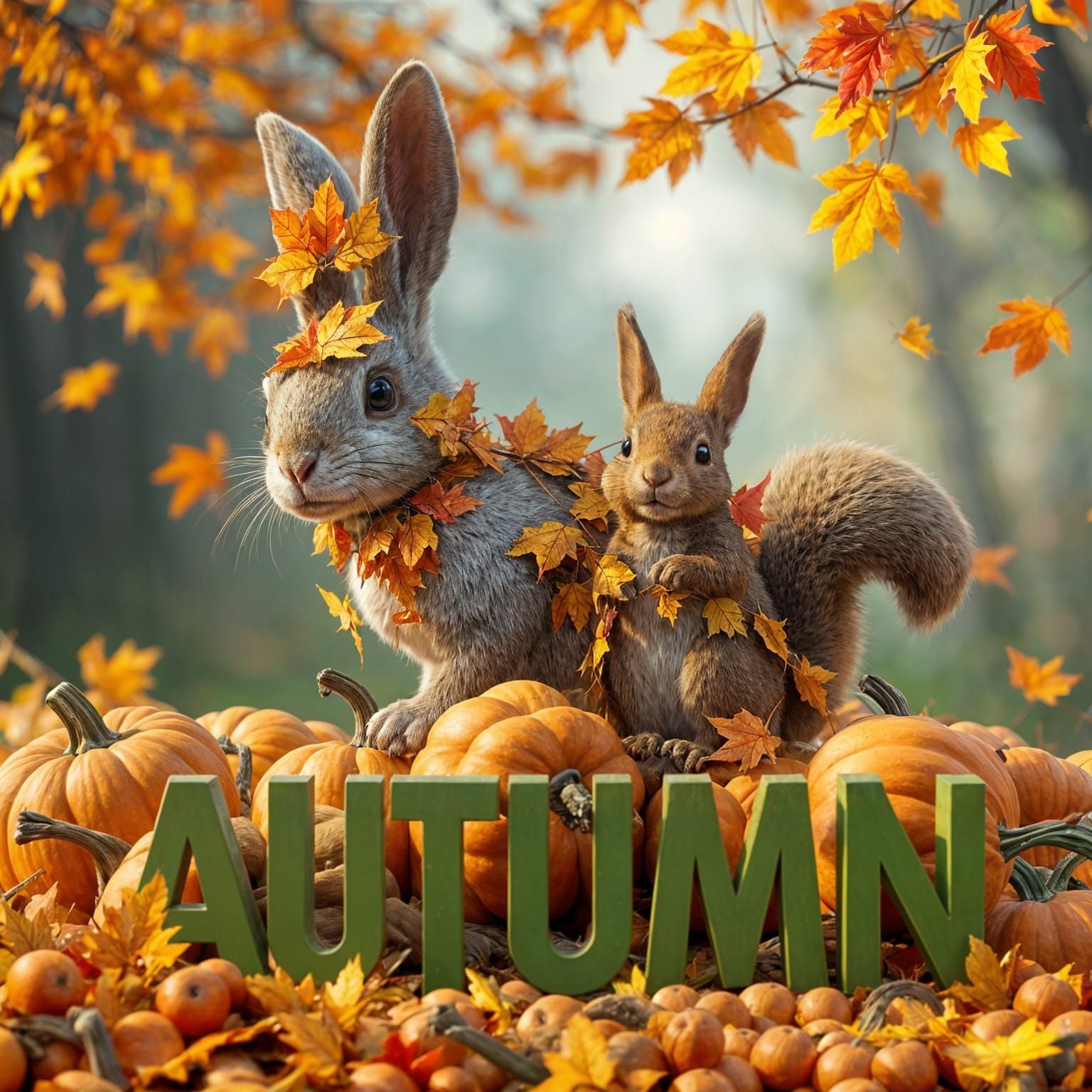 Autumnal 3D Anime Rabbit with Pumpkins