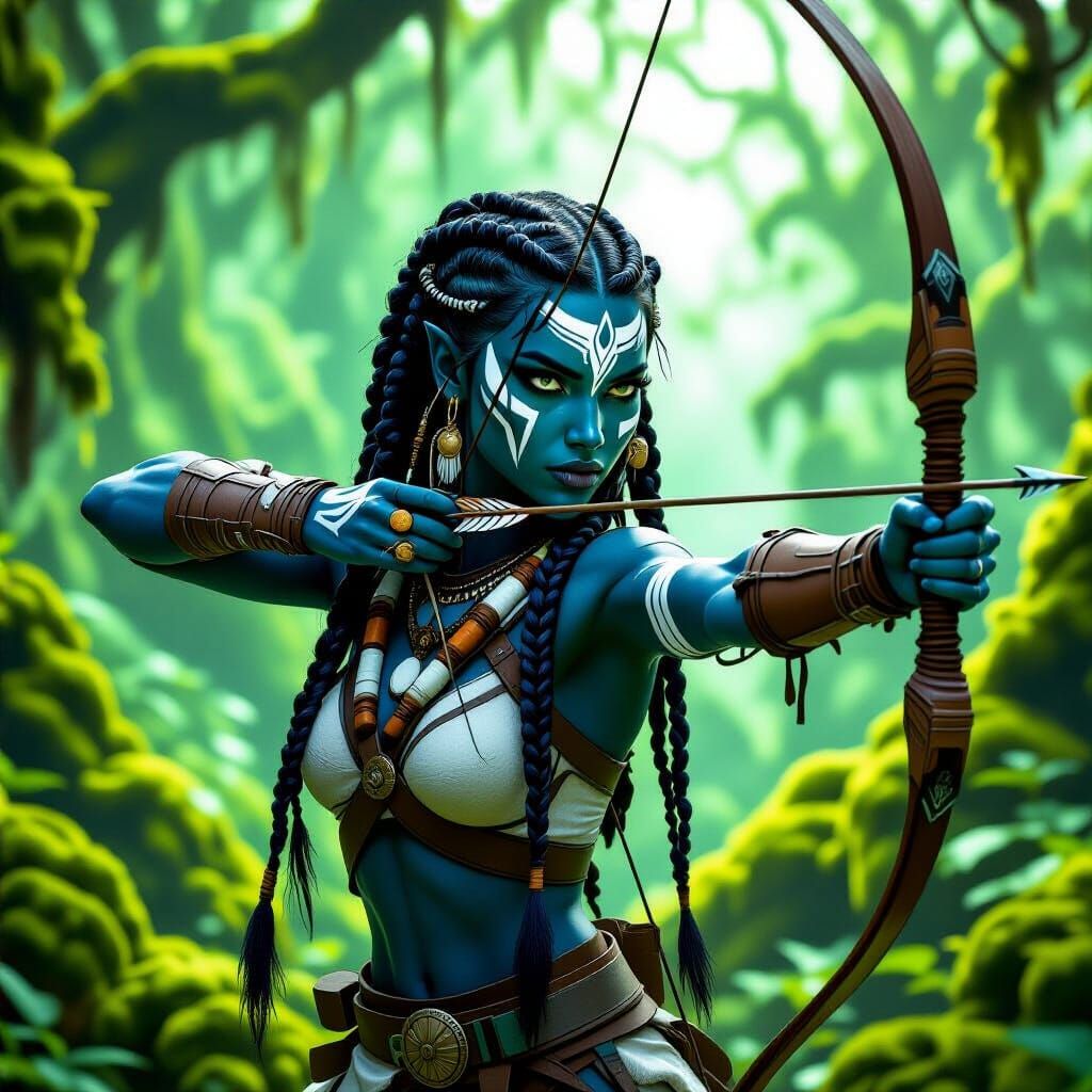 Blue-Skinned Warrior Huntress in Mystic Forest