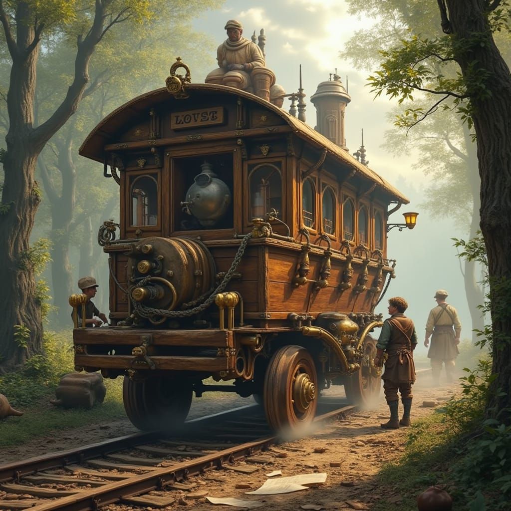 Steampunk Wagon in Motion with Artisans Assembling It