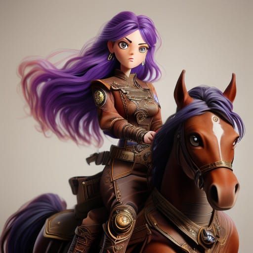 Steampunk Lady Rides Majestic Horse in a Whimsical Stormy La...