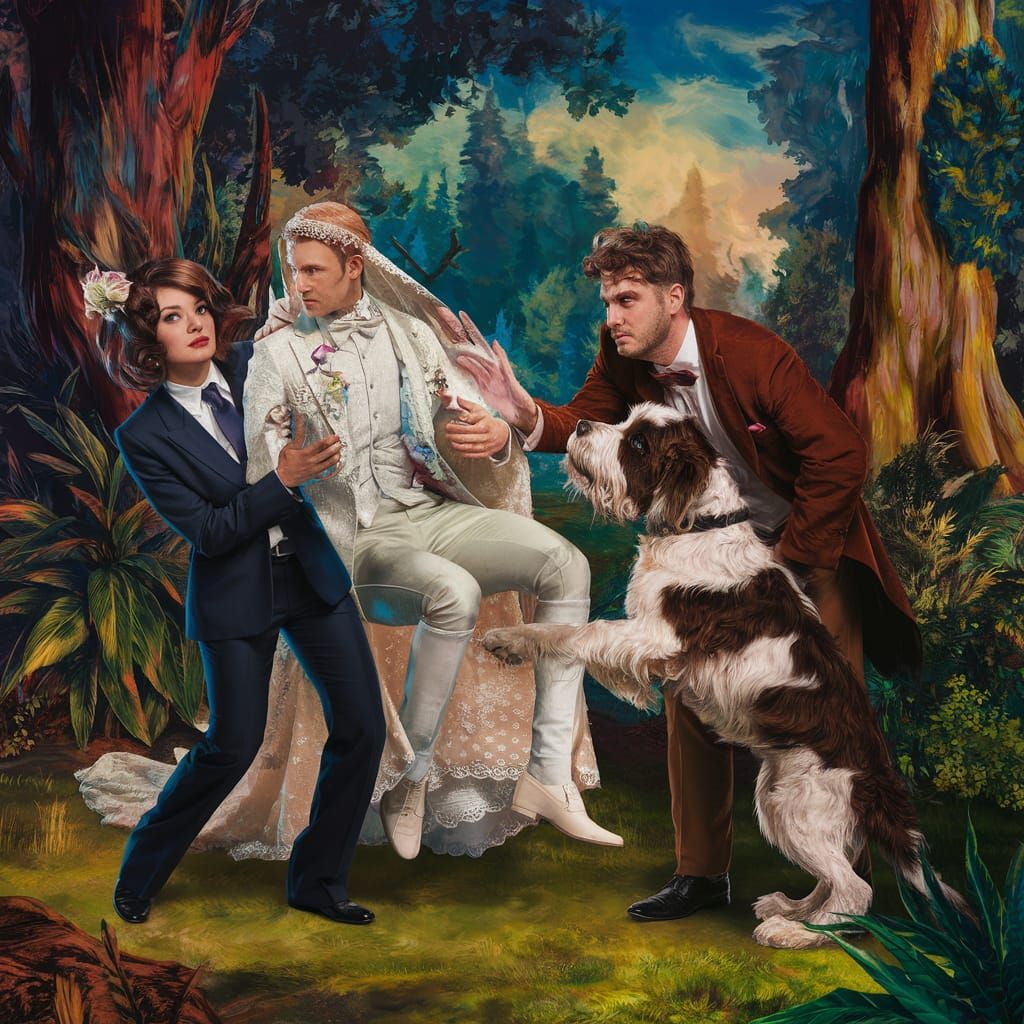 Surreal Wedding Scene in a Lush Forest