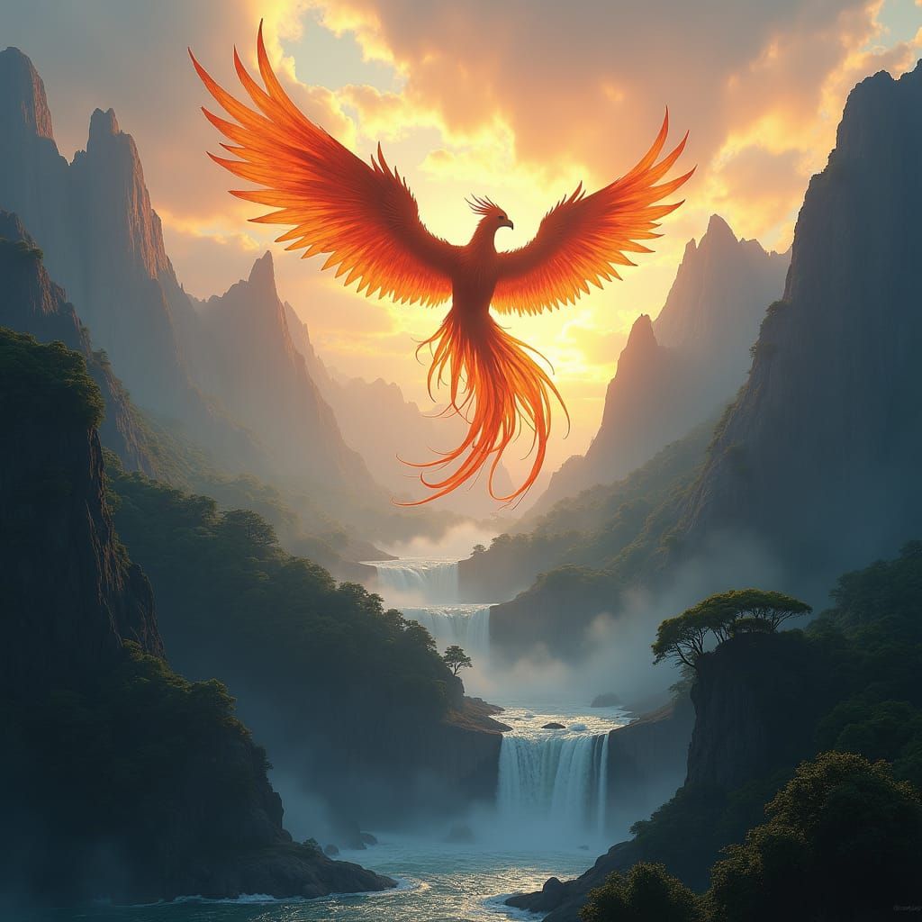 Phoenix Soaring Over Misty Mountain Landscape