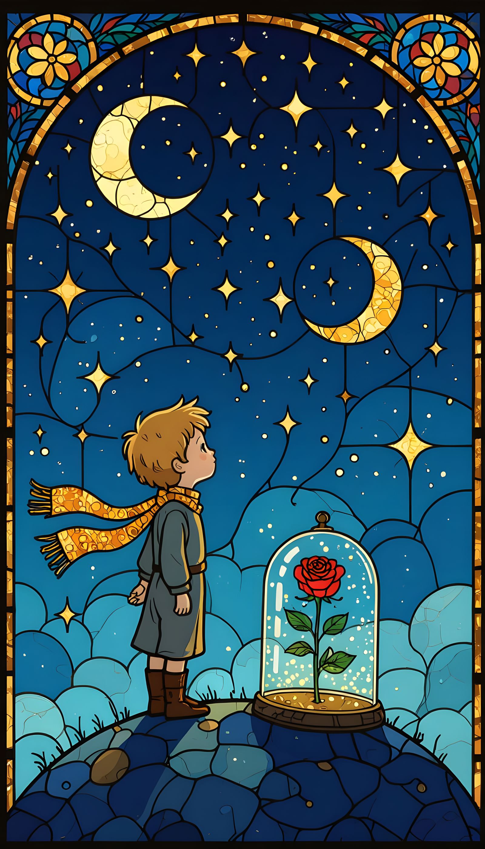 Little Prince on Asteroid in Stained Glass Style