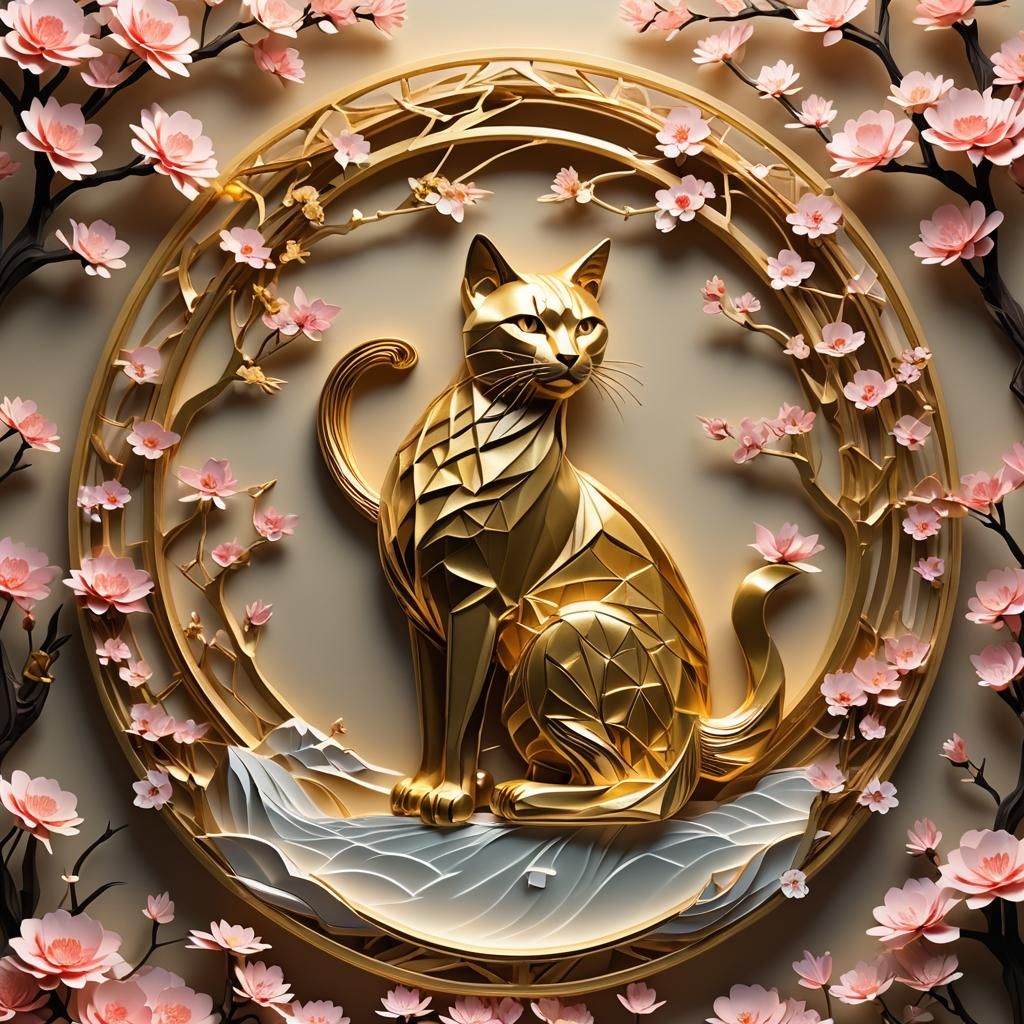 Ornate Origami Siamese Cat in Japanese Scene