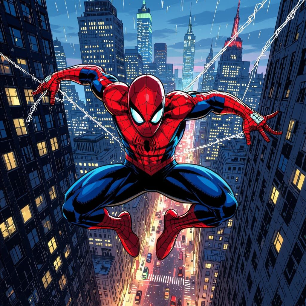 Spider-Man Leaping Between NYC Skyscrapers at Twilight