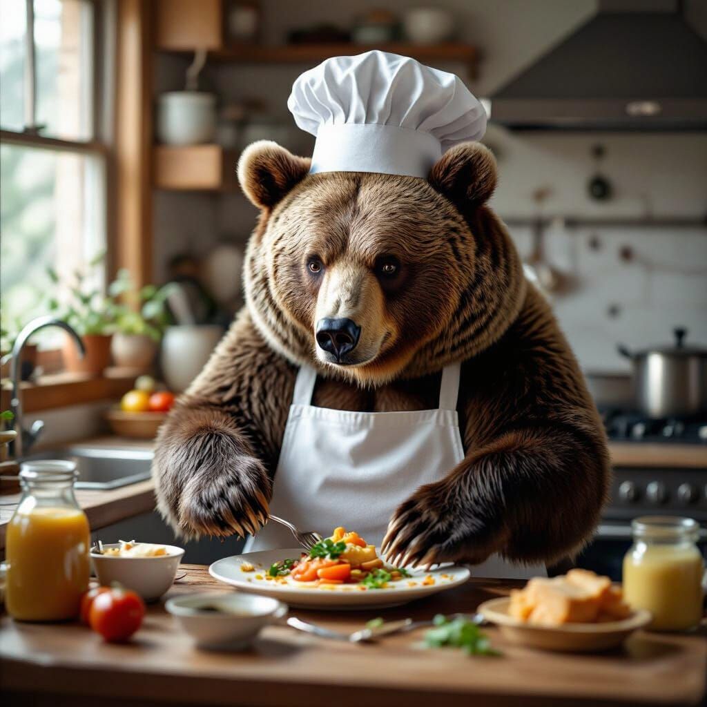 Bear Chef Prepares Gourmet Meal in Miniature Kitchen