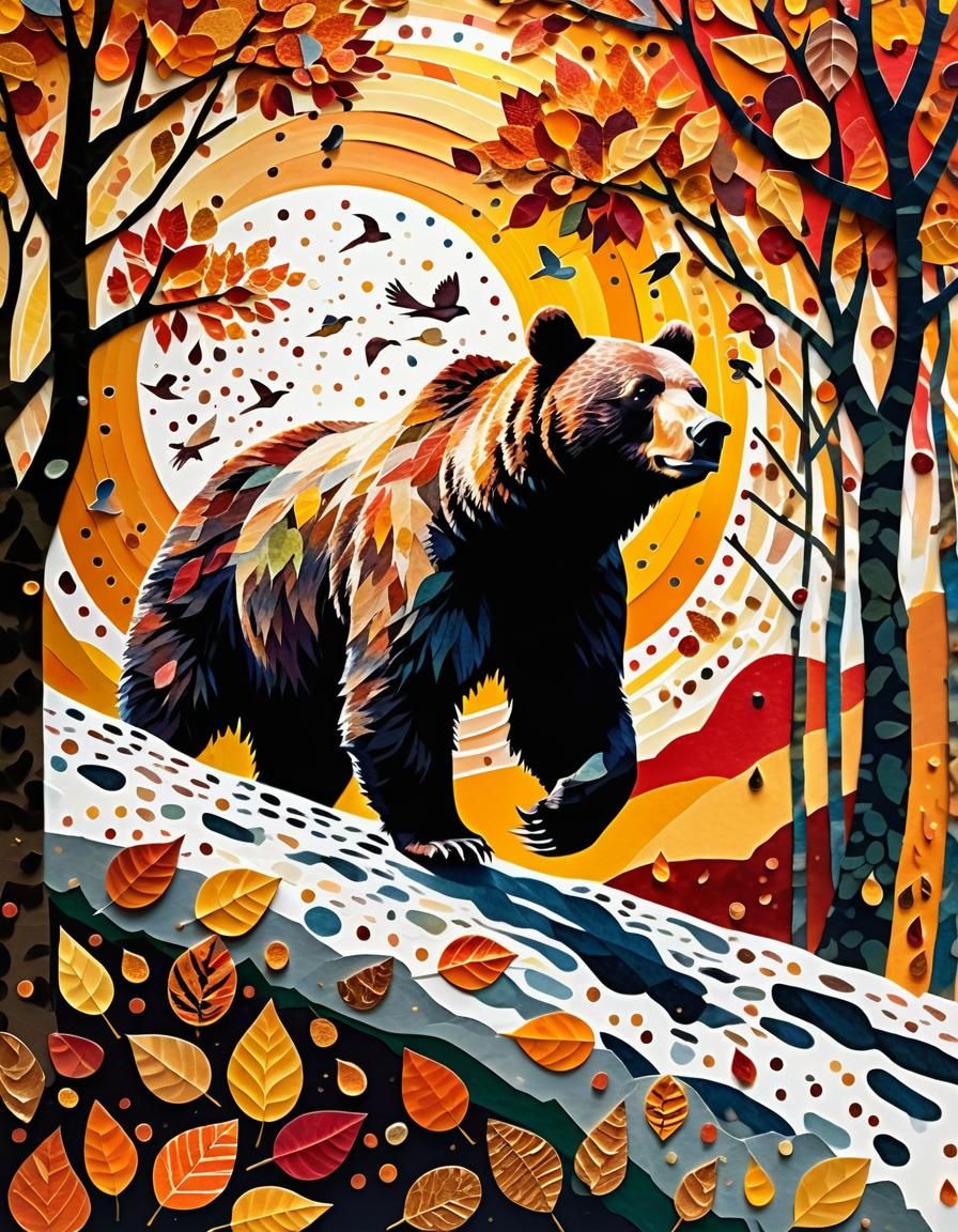 Bear Trekking Under Autumn Tree in Collage Style