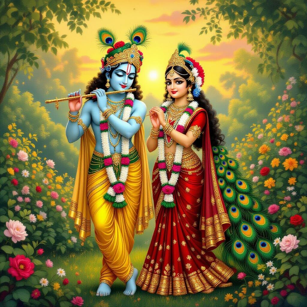 Radha and Krishna in Vrindavan Garden, Romantic Painting