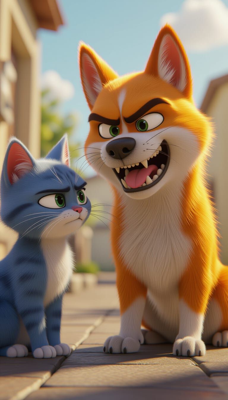 Cute Angry Dog and Cat Face Off in Vibrant Digital Art