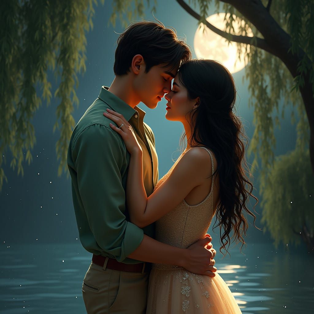 Secretly Romantic Moonlit Embrace Under Weeping Willow