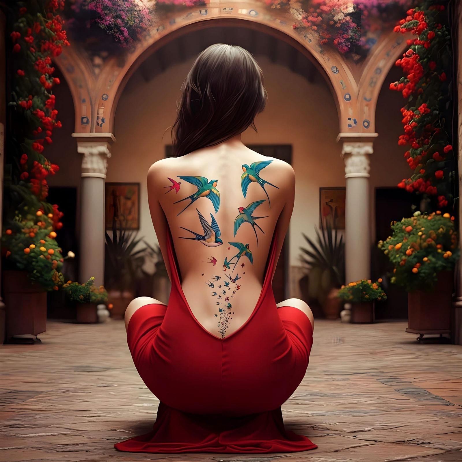 Beautiful Swallows Leaping from a Vibrant Tattoo on a Woman'...