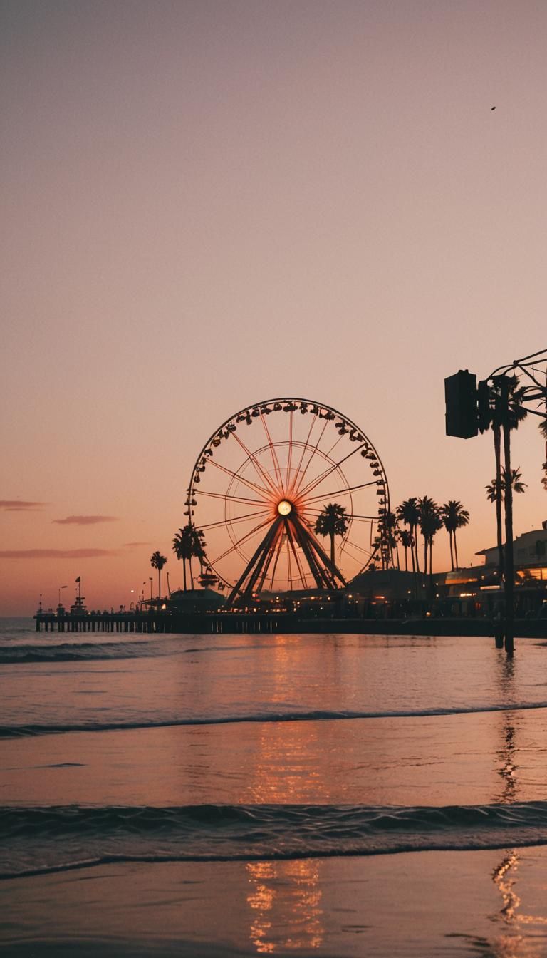 Santa Monica Pier at Sunset in Cinematic Style