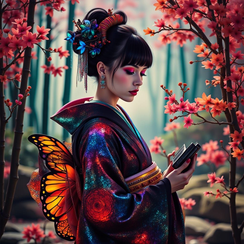 Cyberpunk Geisha with Neon Circuits in Bamboo Garden