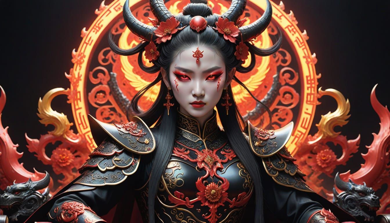 Heavenly Demon Queen on Obsidian Throne, Digital Art