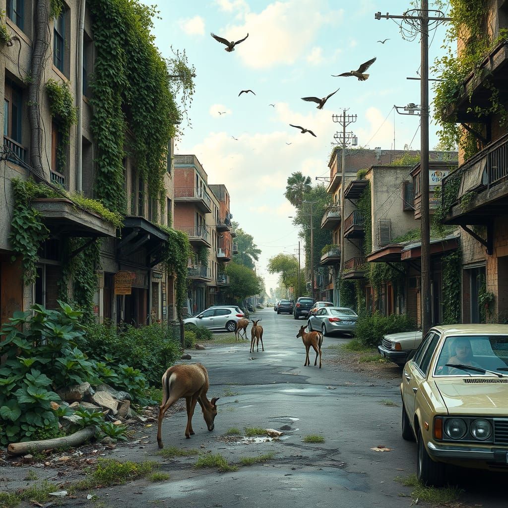 Nature Reclaims a Deserted Street: Post-Apocalyptic Scene