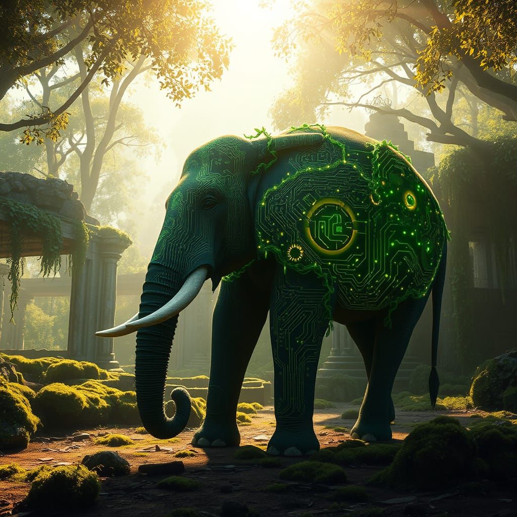 Majestic Elephant with Circuitry and Vines in Sunlit Ruins
