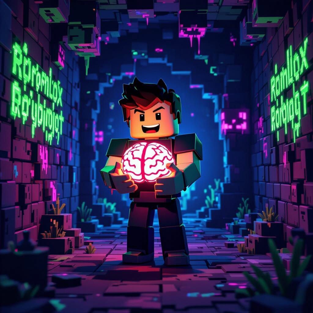 Roblox Avatar Sammy Holds Glowing Brain in Eerie Chamber