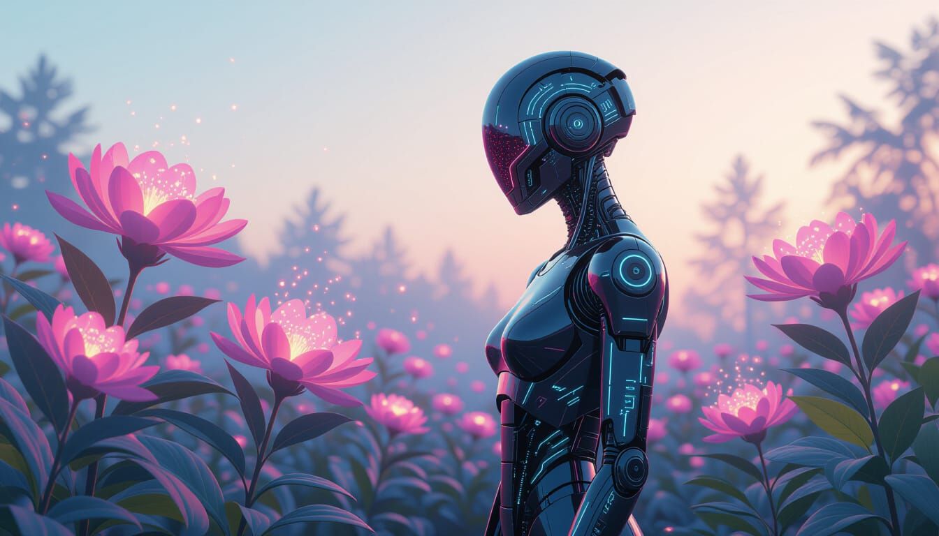 Cyborg in Bioluminescent Alien Garden: Futuristic Art