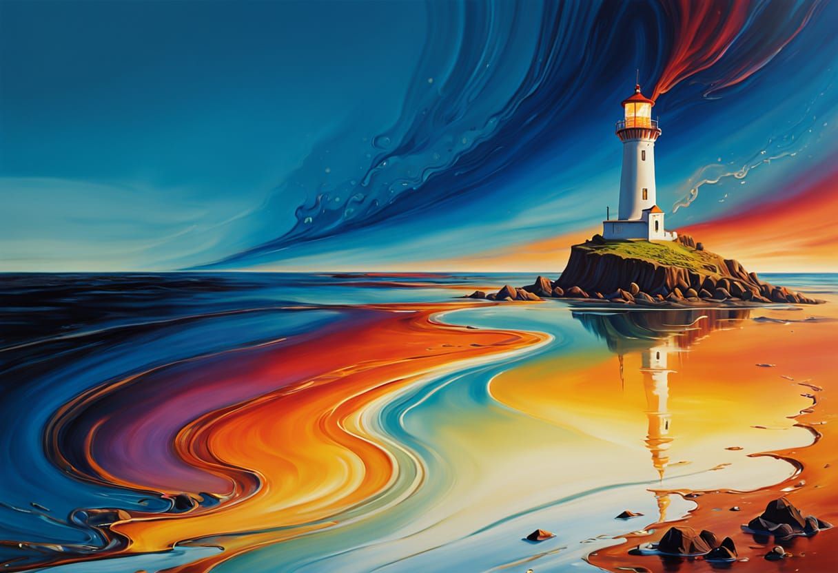 Surreal Liquid Seascape Sunset with Dripping Lighthouse