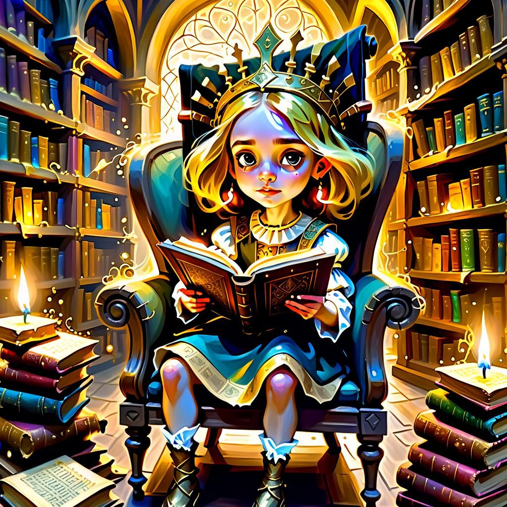 Medieval Girl and Magical Book: Oil Painting
