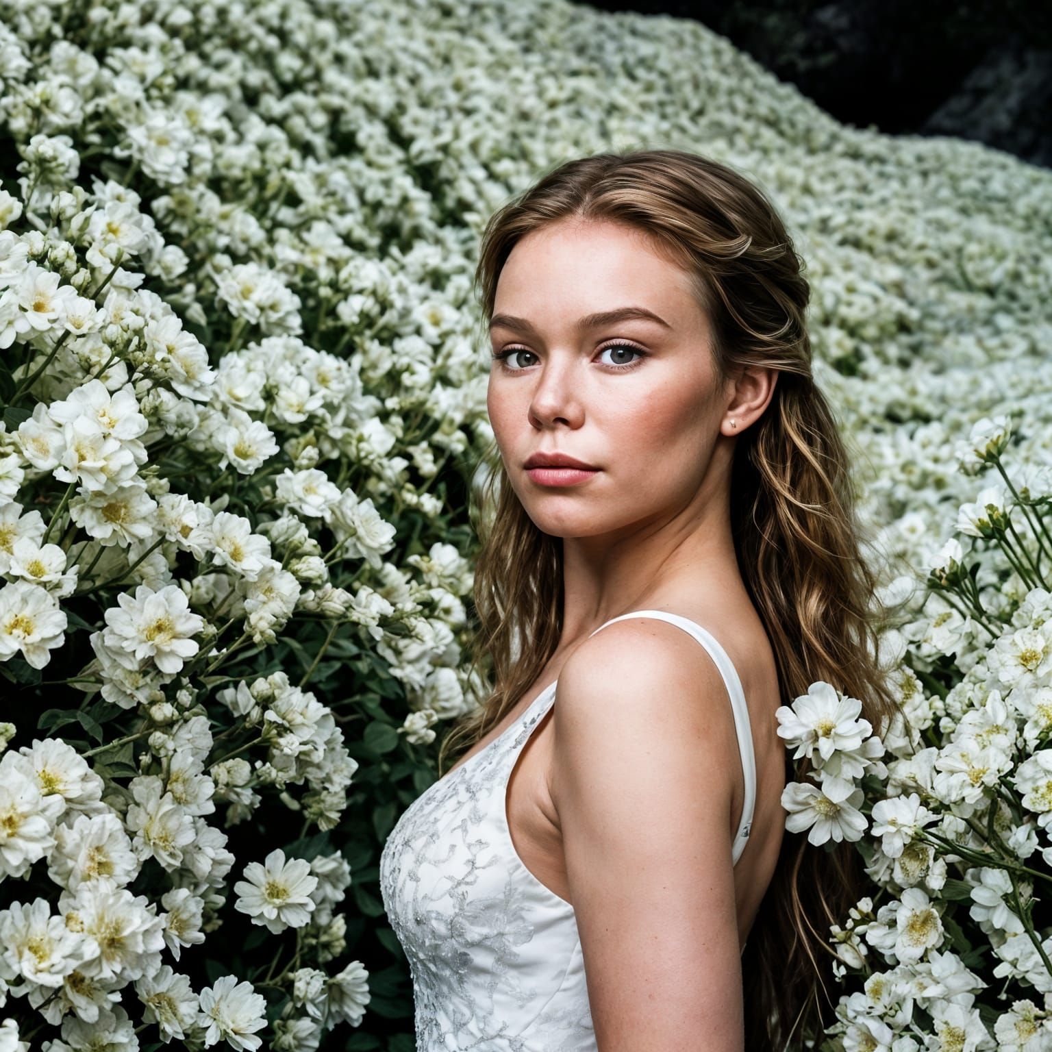 Bride in Outdoor White Floral Setting with Joyful Expression