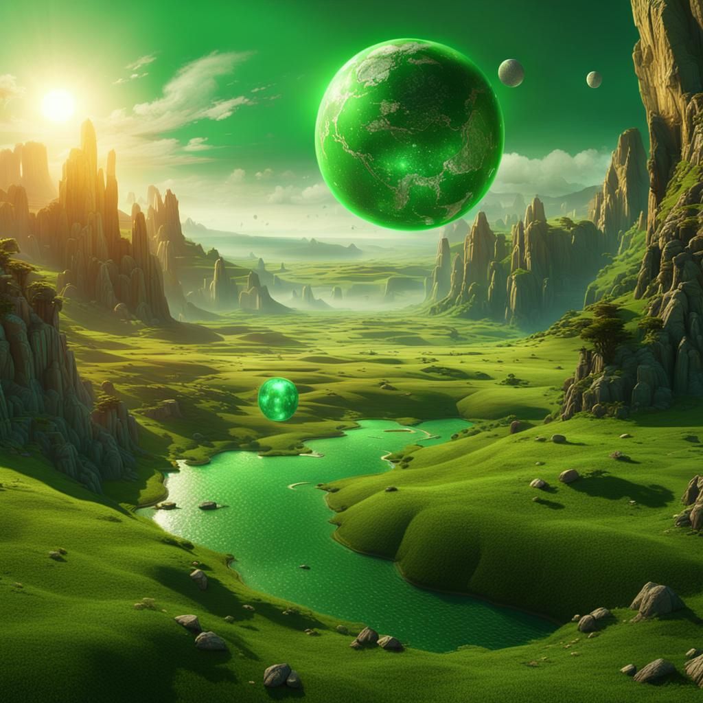 Green Men Hold Sphere with Solar Landscape