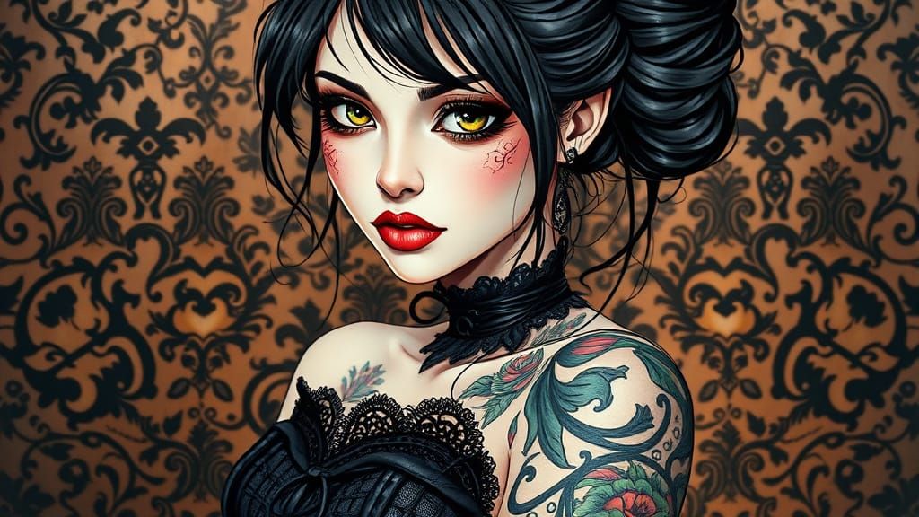 Gothic Goddess in Watercolor Wash, Long Black Hair and Intri...