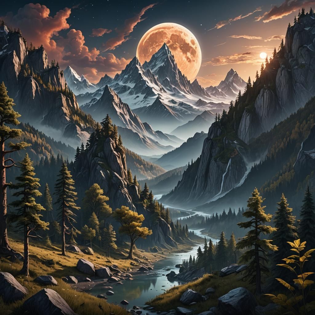 Fantastical Moonrise Over Mountains and Forest