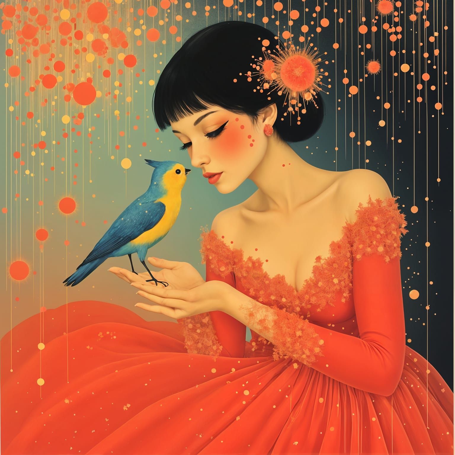Woman Conversing with Birds, Dreamlike Portrait