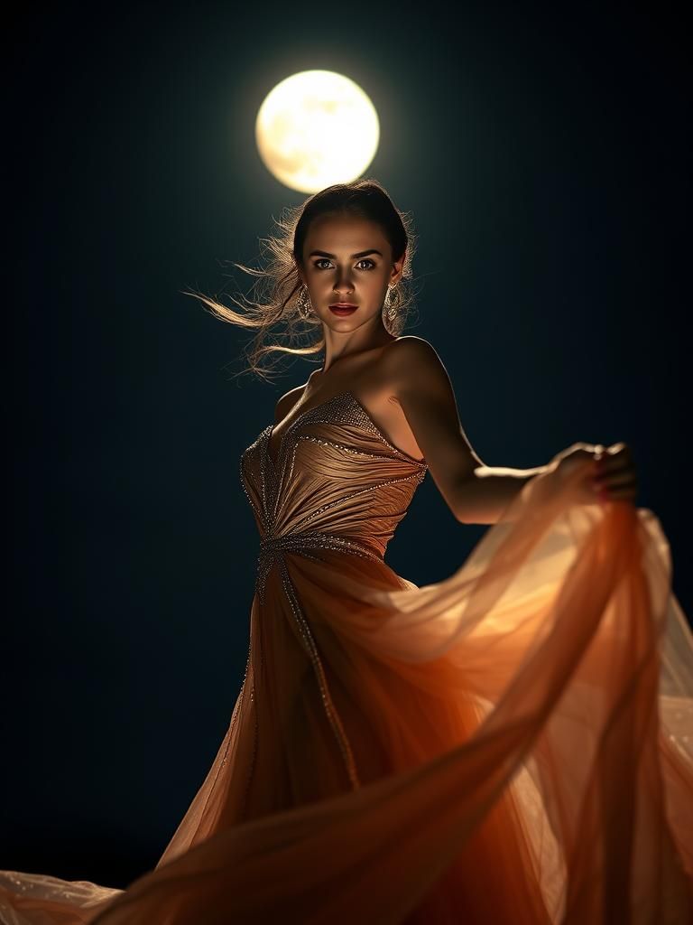Elegant Woman Dancing Under Moonlight in Dreamy Portrait